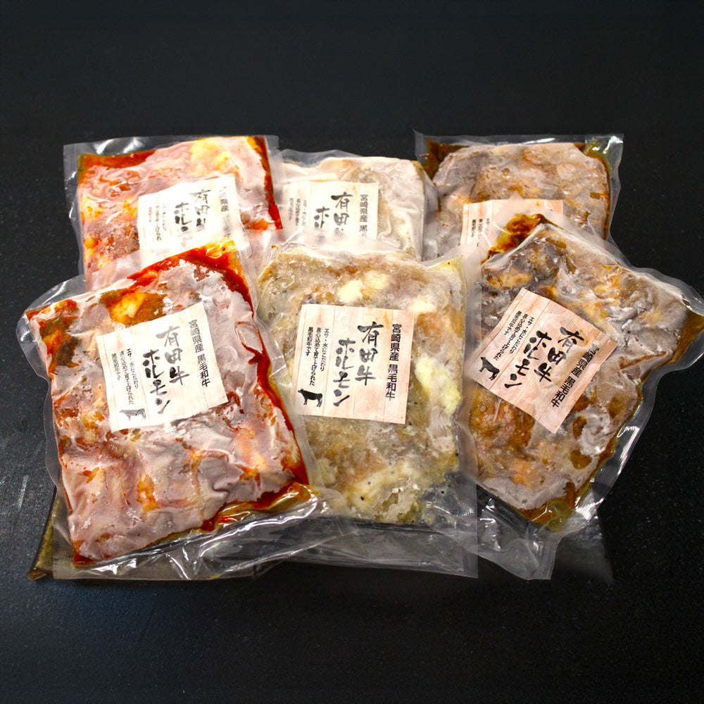 宮崎県産　有田牛　どて焼きホルモン食べ比べ　1200g（みそ味、塩味、ピリ辛）　