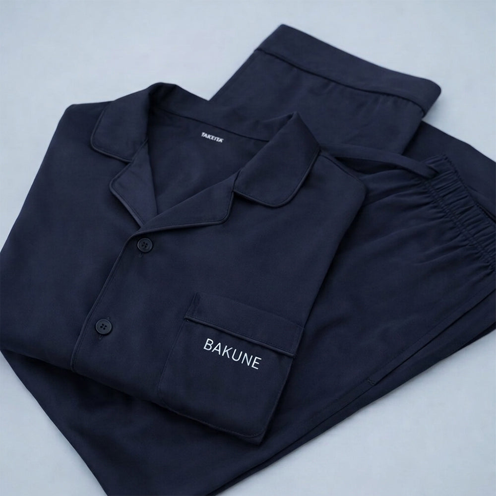 【母の日カード】 リカバリーウェア BAKUNE パジャマサテン上下(Unisex) ネイビーXL