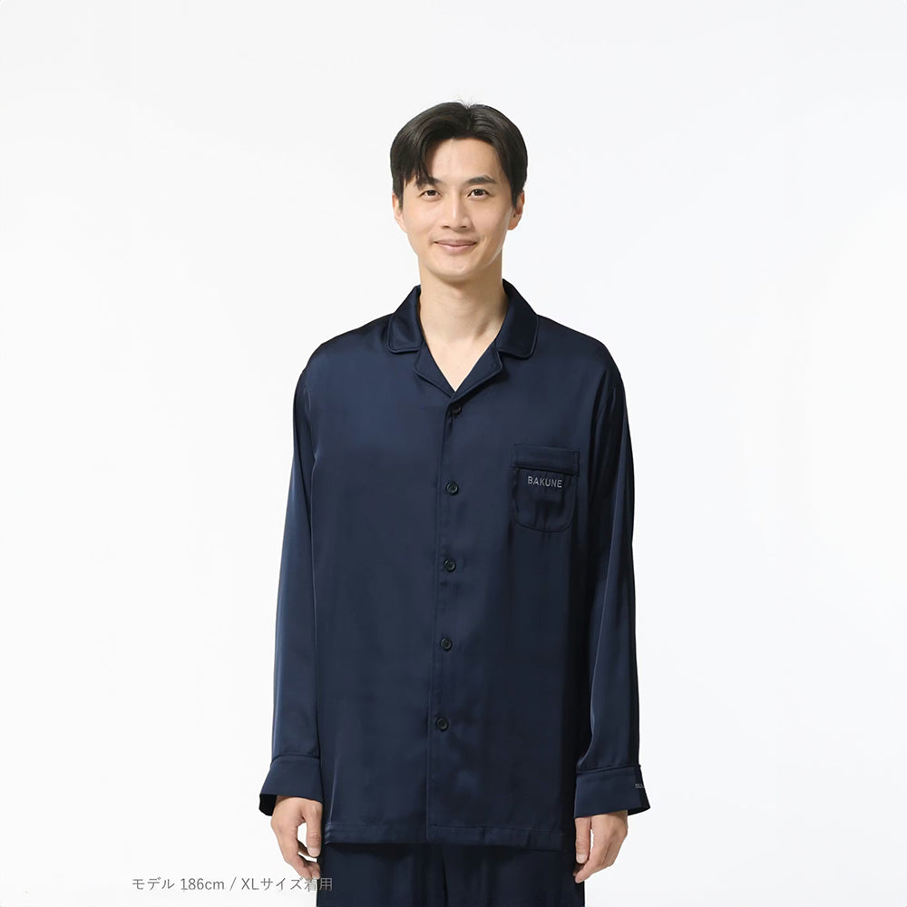 【母の日カード】 リカバリーウェア BAKUNE パジャマサテン上下(Unisex) ネイビーXL